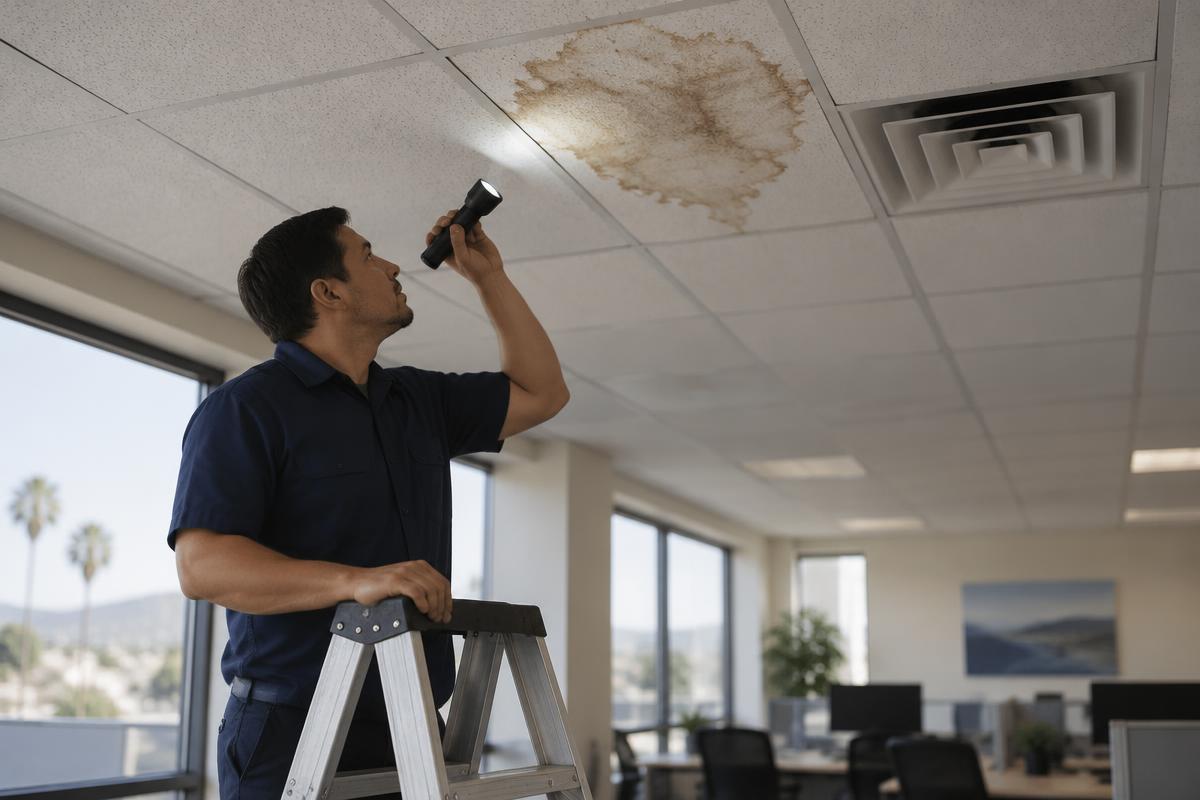 Technician on a ladder inspecting a water stain in a commercial office ceiling beside an air vent