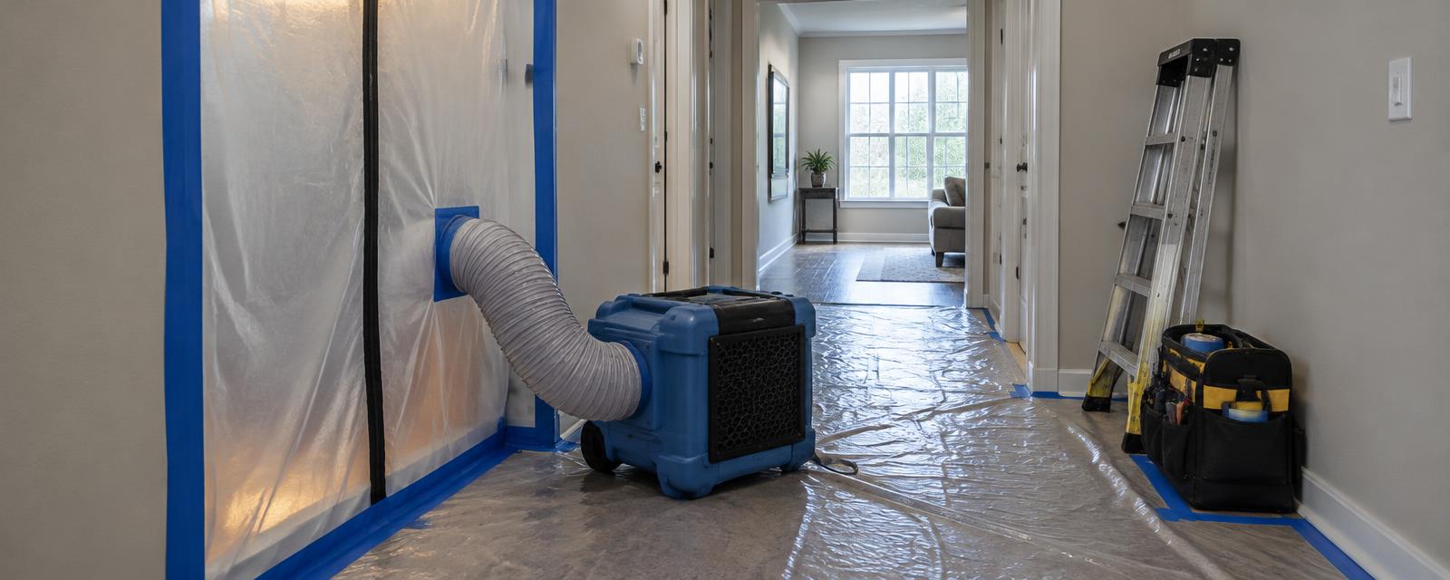 Plastic containment sheeting and an air scrubber set up in a home hallway before remediation work
