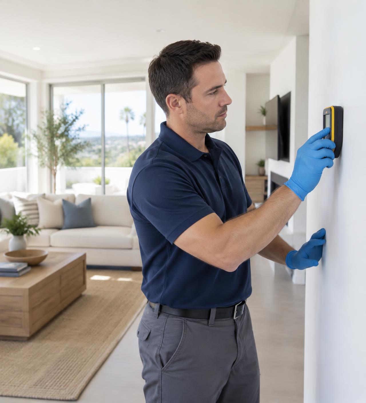 Professional technician inspecting a wall with a moisture meter in a clean home