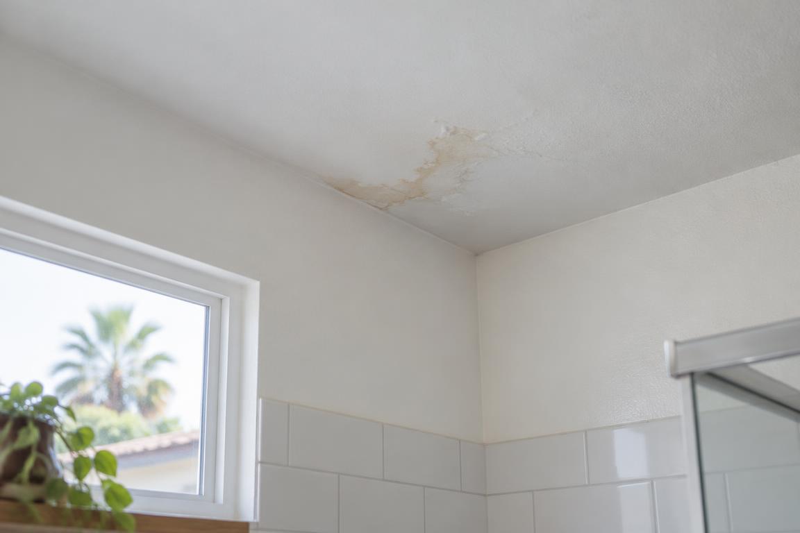 Water staining at a bathroom ceiling corner may indicate hidden moisture